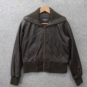 Cropped Leather Jacket Womens SMALL Brown UNITED FACE Neck Bomber High Neck